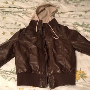Faux leather built in hoodie jacket!